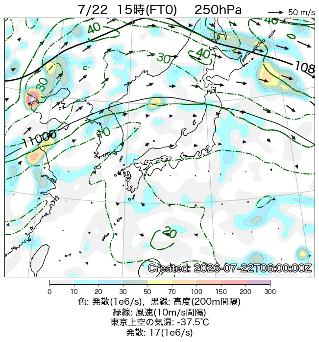2026年7月22日の日本周辺の250hPa天気図（15時）