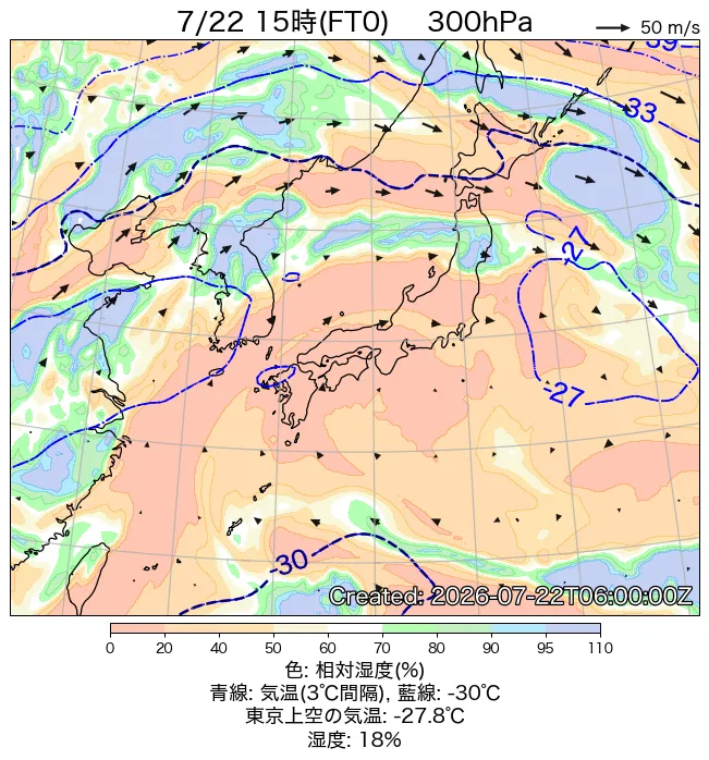 2026年7月22日の日本周辺の300hPa天気図（15時）