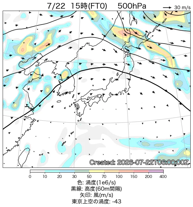 2026年7月22日の日本周辺の500hPa天気図（15時）