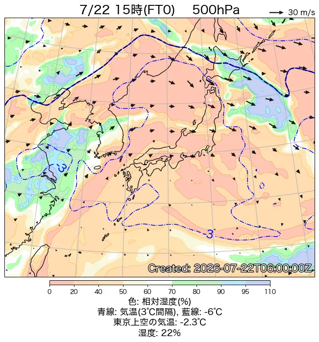 2026年7月22日の日本周辺の500hPa天気図（15時）