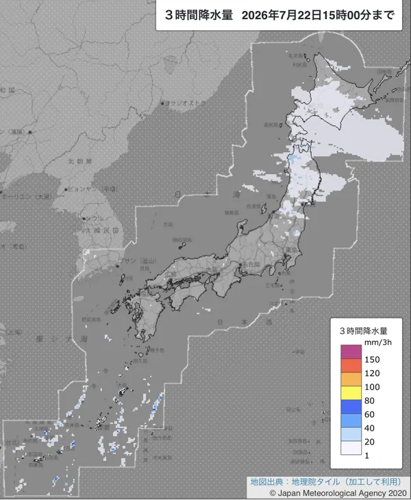 2026年7月22日12〜15時の日本周辺の3時間解析降水量