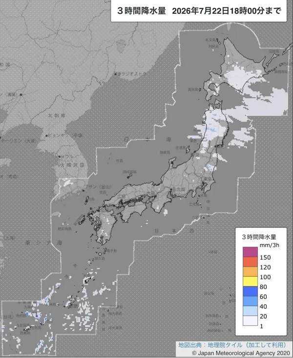 2026年7月22日15〜18時の日本周辺の3時間解析降水量