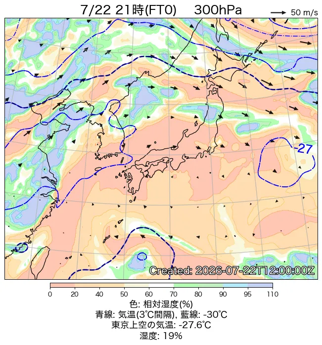 2026年7月22日の日本周辺の300hPa天気図（21時）