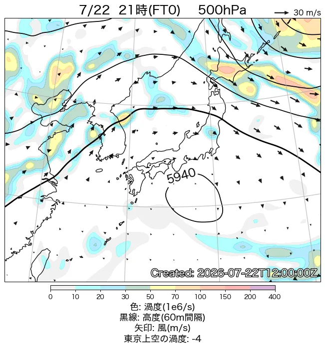 2026年7月22日の日本周辺の500hPa天気図（21時）