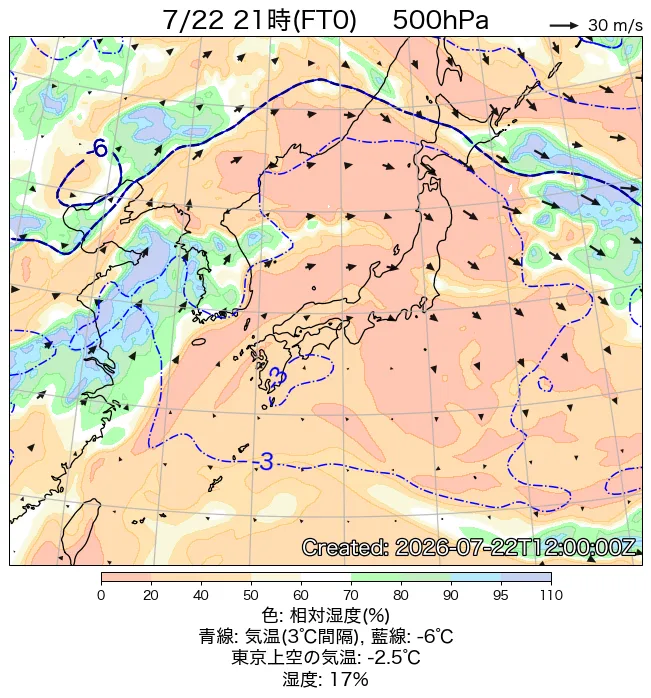 2026年7月22日の日本周辺の500hPa天気図（21時）