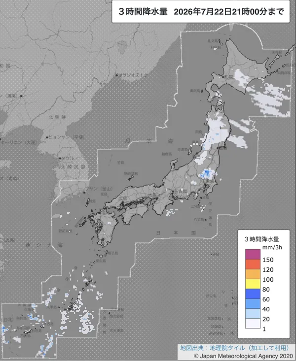 2026年7月22日18〜21時の日本周辺の3時間解析降水量