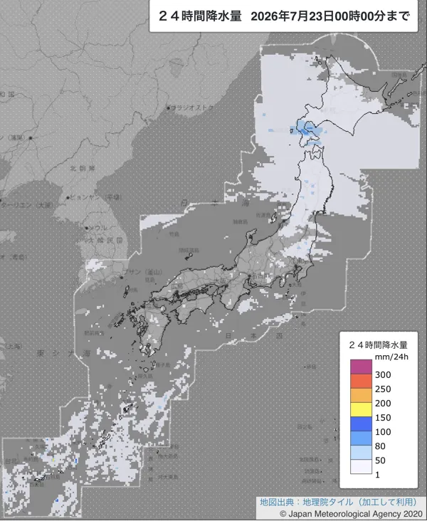 2026年7月22日の日本周辺の日解析雨量の図