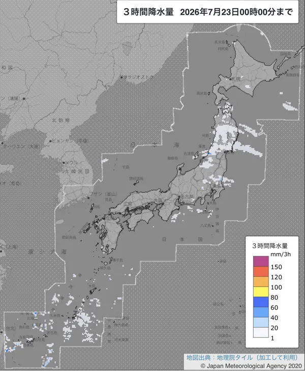 2026年7月22日21〜24時の日本周辺の3時間解析降水量