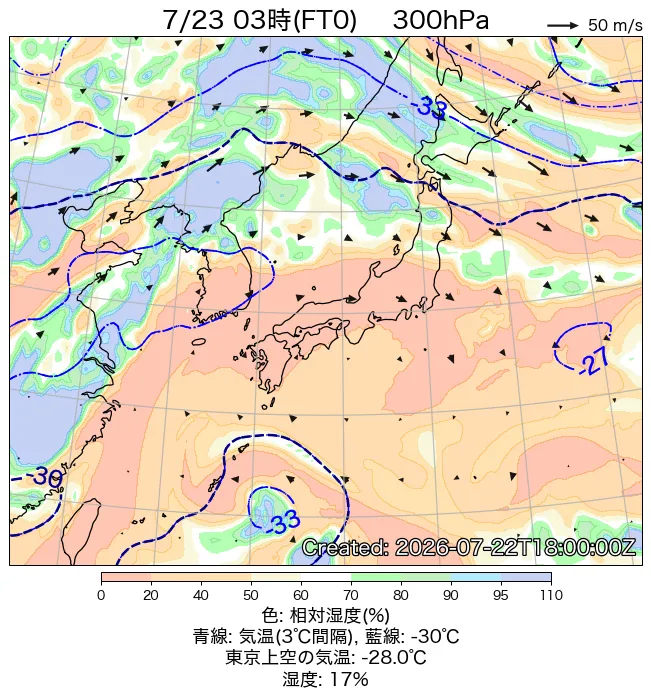 2026年7月23日の日本周辺の300hPa天気図（3時）