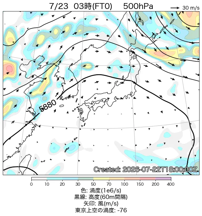 2026年7月23日の日本周辺の500hPa天気図（3時）