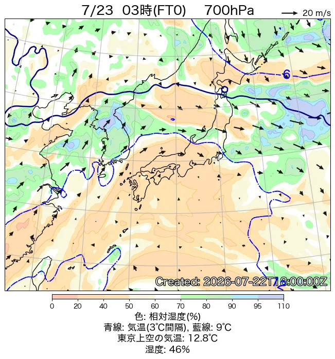 2026年7月23日の日本周辺の700hPa天気図（3時）