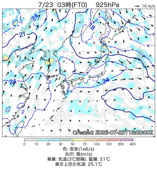 2026年7月23日の日本周辺の925hPa天気図（3時）