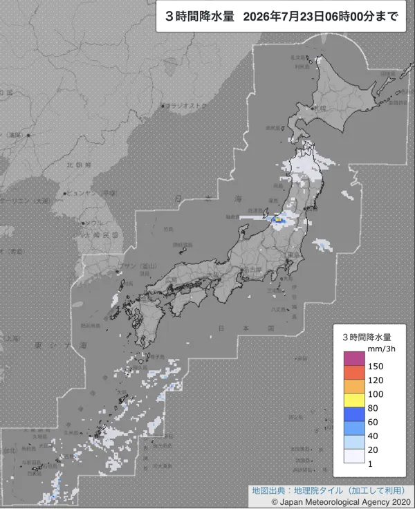 2026年7月23日3〜6時の日本周辺の3時間解析降水量