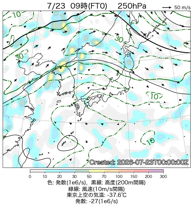2026年7月23日の日本周辺の250hPa天気図（9時）