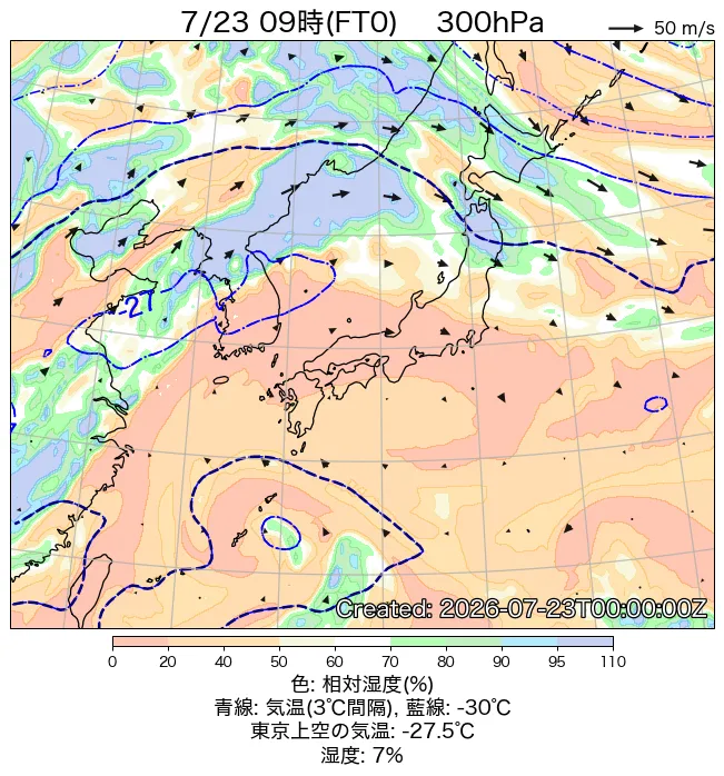 2026年7月23日の日本周辺の300hPa天気図（9時）