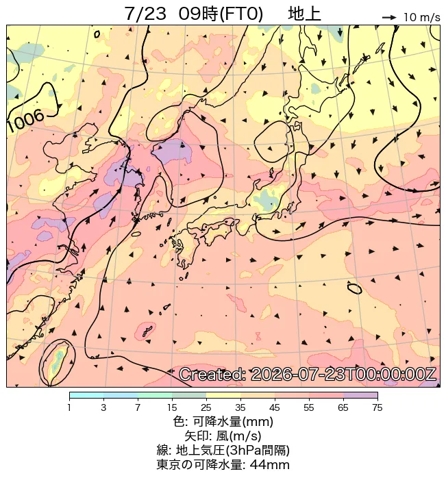 2026年7月23日の日本周辺の地上天気図（9時）
