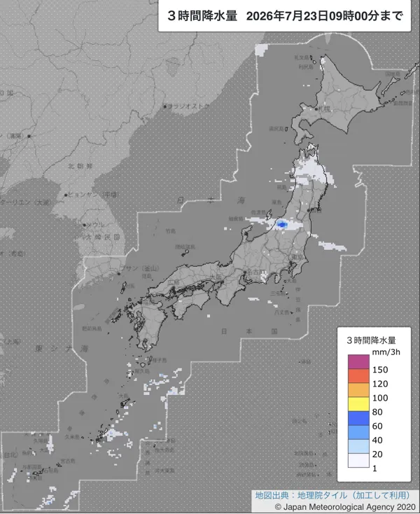 2026年7月23日6〜9時の日本周辺の3時間解析降水量