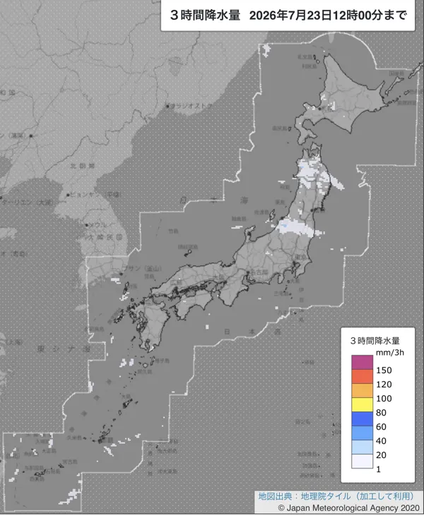 2026年7月23日9〜12時の日本周辺の3時間解析降水量