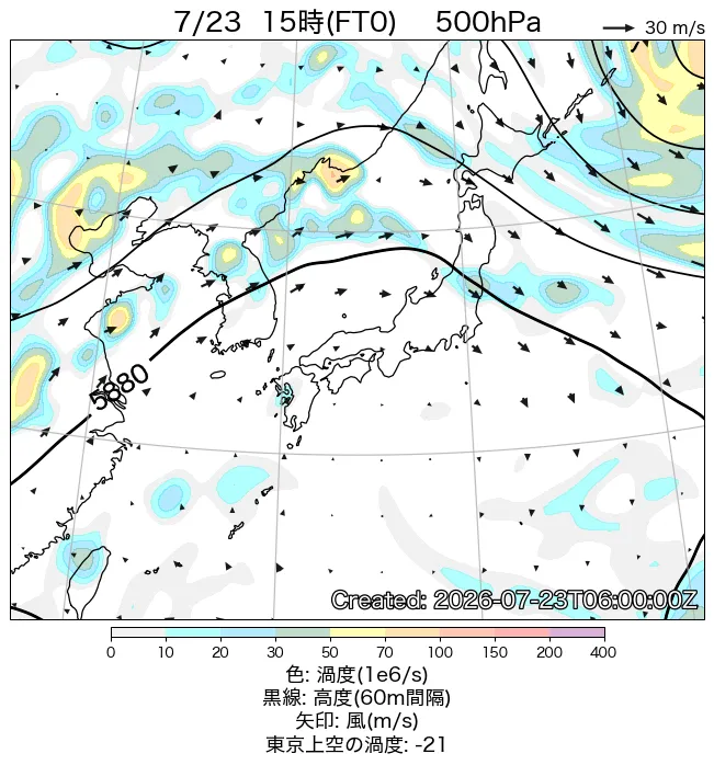 2026年7月23日の日本周辺の500hPa天気図（15時）