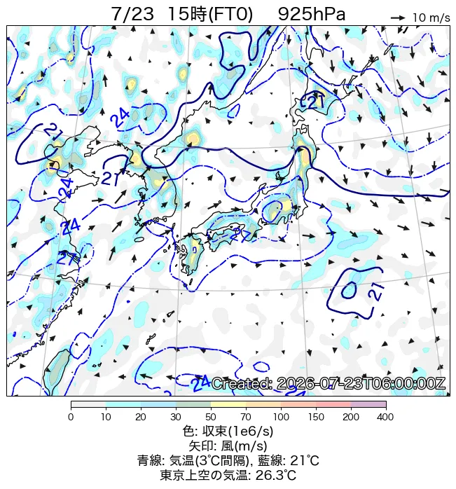 2026年7月23日の日本周辺の925hPa天気図（15時）