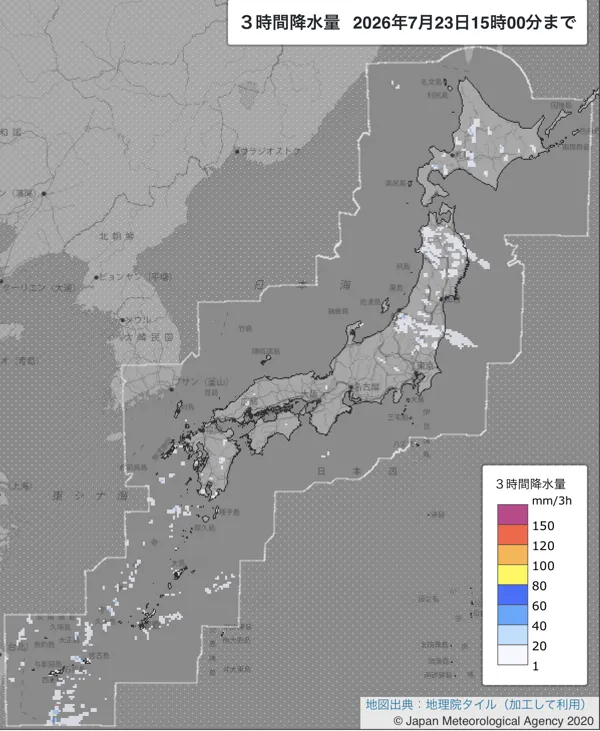 2026年7月23日12〜15時の日本周辺の3時間解析降水量