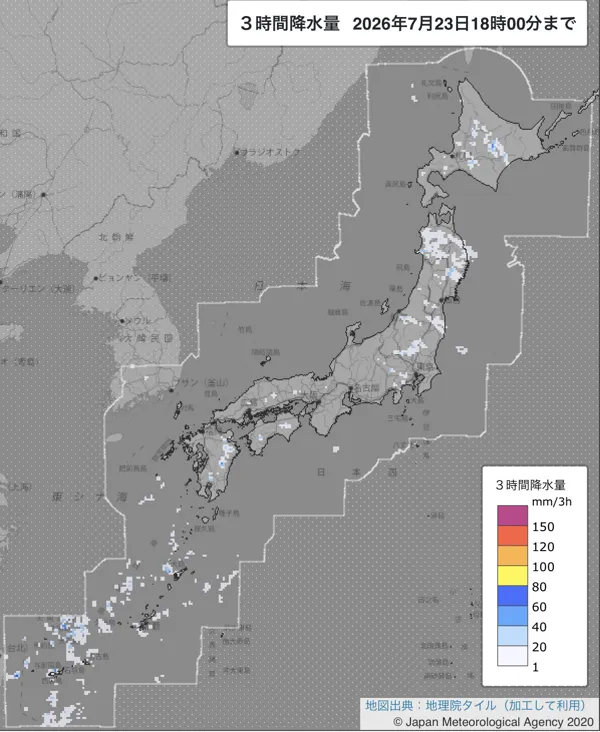 2026年7月23日15〜18時の日本周辺の3時間解析降水量