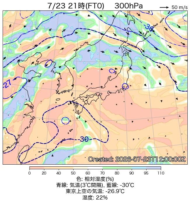 2026年7月23日の日本周辺の300hPa天気図（21時）