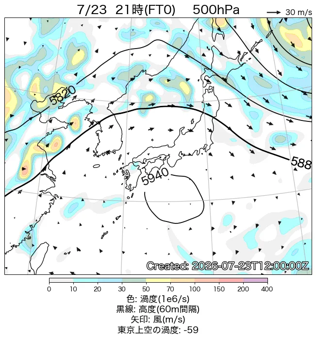 2026年7月23日の日本周辺の500hPa天気図（21時）
