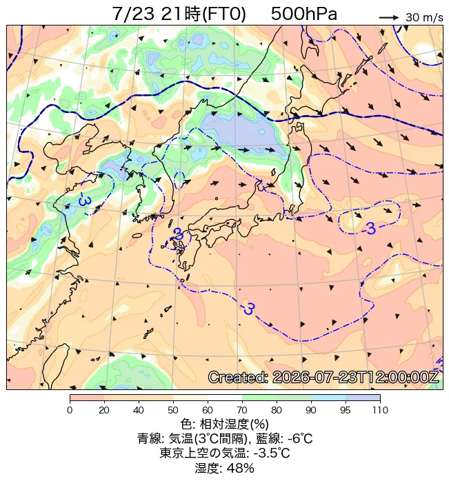 2026年7月23日の日本周辺の500hPa天気図（21時）