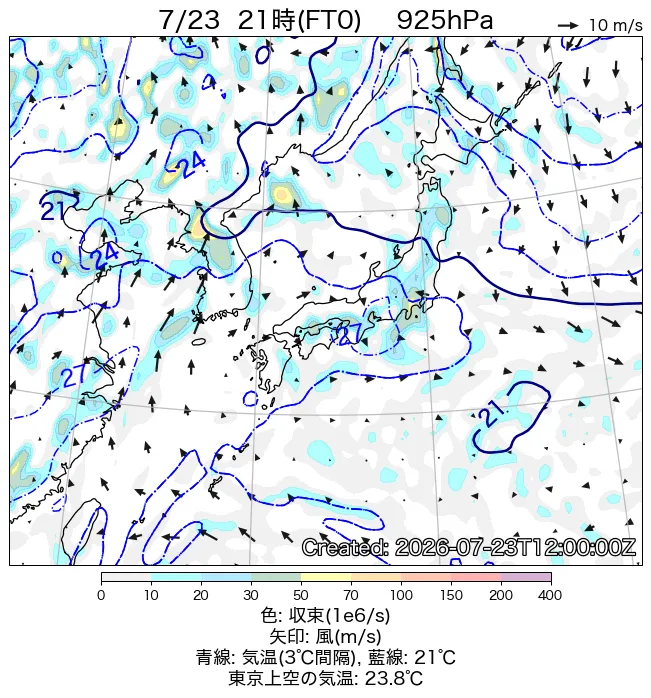 2026年7月23日の日本周辺の925hPa天気図（21時）