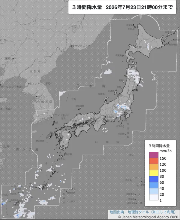 2026年7月23日18〜21時の日本周辺の3時間解析降水量