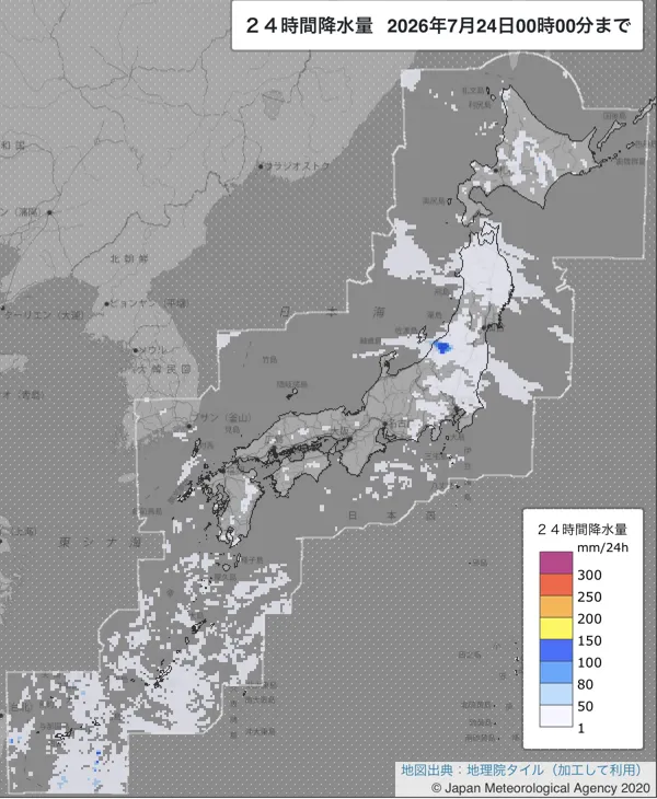 2026年7月23日の日本周辺の日解析雨量の図
