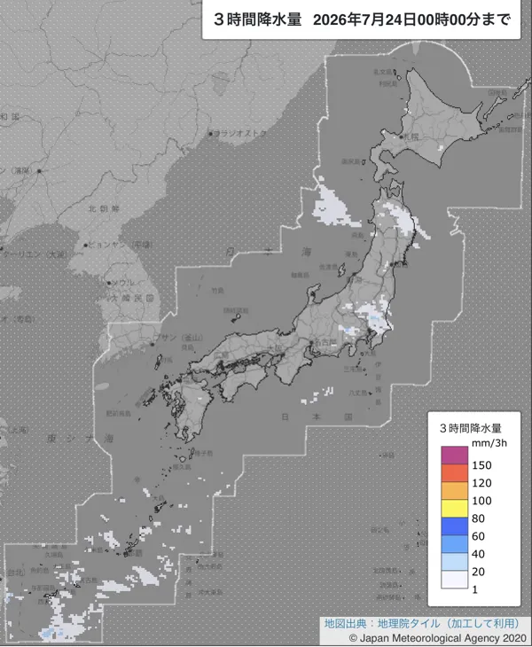 2026年7月23日21〜24時の日本周辺の3時間解析降水量