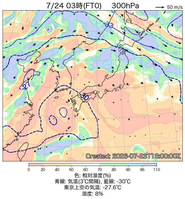 2026年7月24日の日本周辺の300hPa天気図（3時）