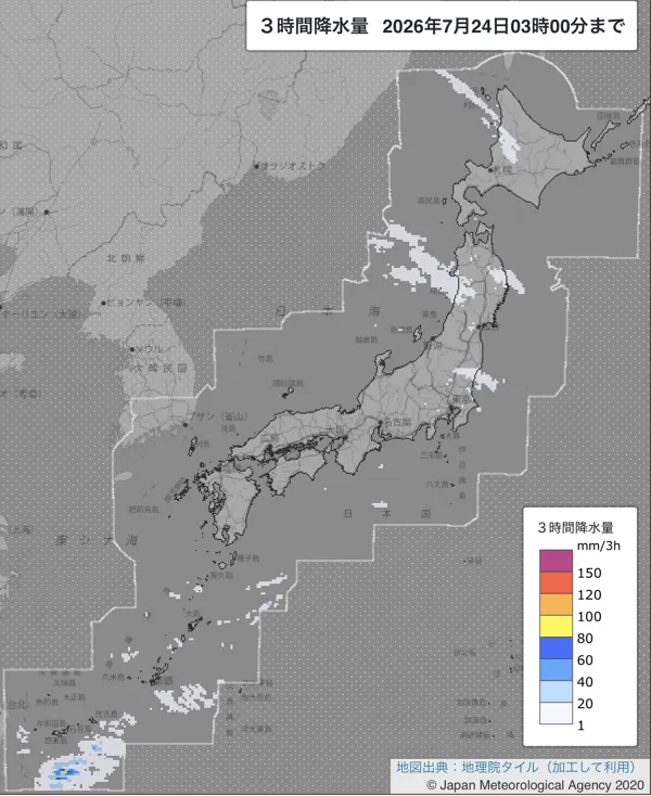 2026年7月24日0〜3時の日本周辺の3時間解析降水量