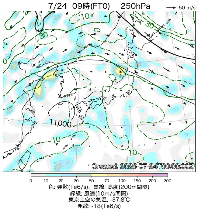 2026年7月24日の日本周辺の250hPa天気図（9時）
