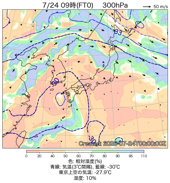 2026年7月24日の日本周辺の300hPa天気図（9時）