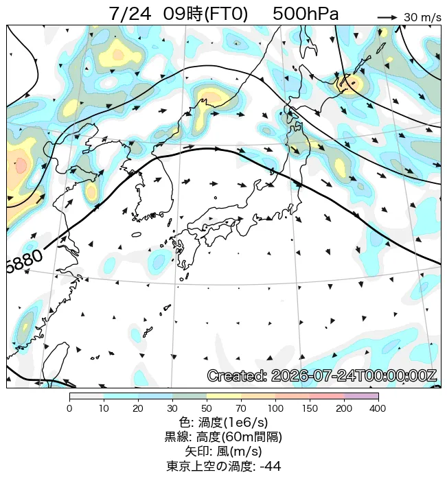 2026年7月24日の日本周辺の500hPa天気図（9時）