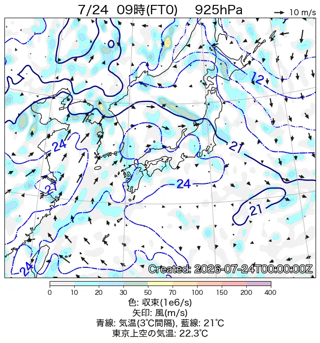 2026年7月24日の日本周辺の925hPa天気図（9時）