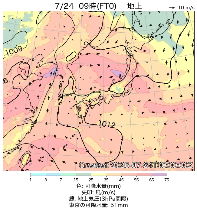 2026年7月24日の日本周辺の地上天気図（9時）