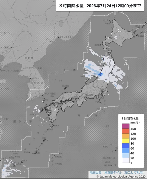 2026年7月24日9〜12時の日本周辺の3時間解析降水量