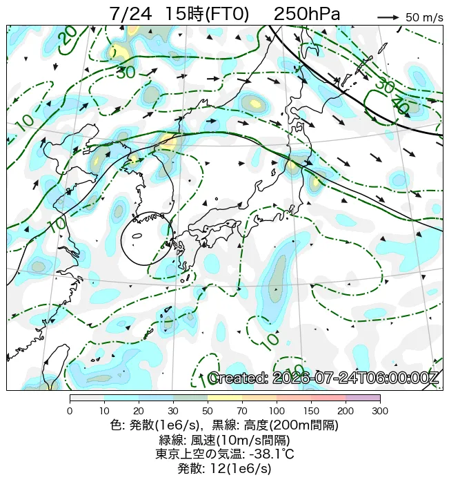 2026年7月24日の日本周辺の250hPa天気図（15時）