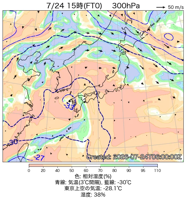2026年7月24日の日本周辺の300hPa天気図（15時）