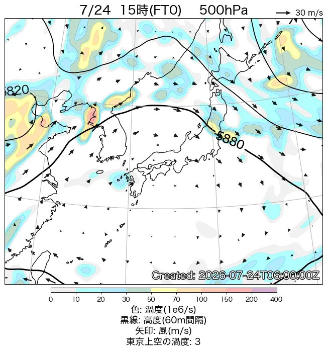 2026年7月24日の日本周辺の500hPa天気図（15時）