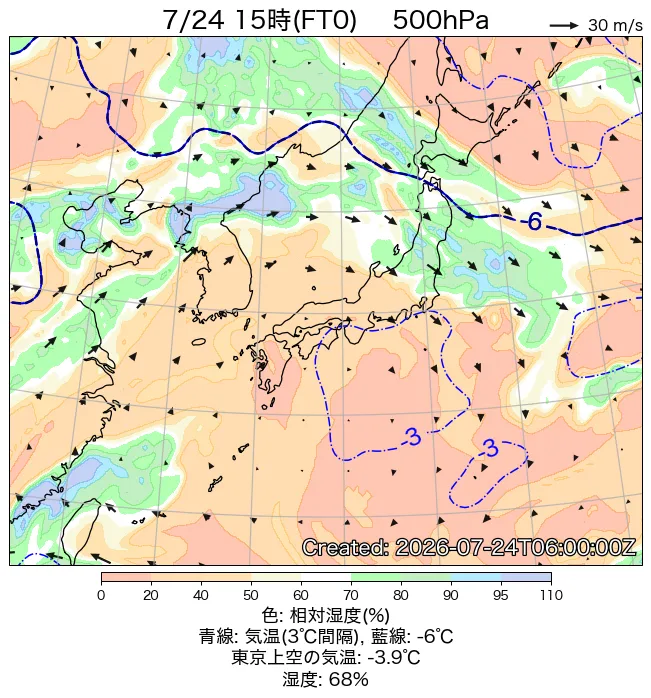 2026年7月24日の日本周辺の500hPa天気図（15時）
