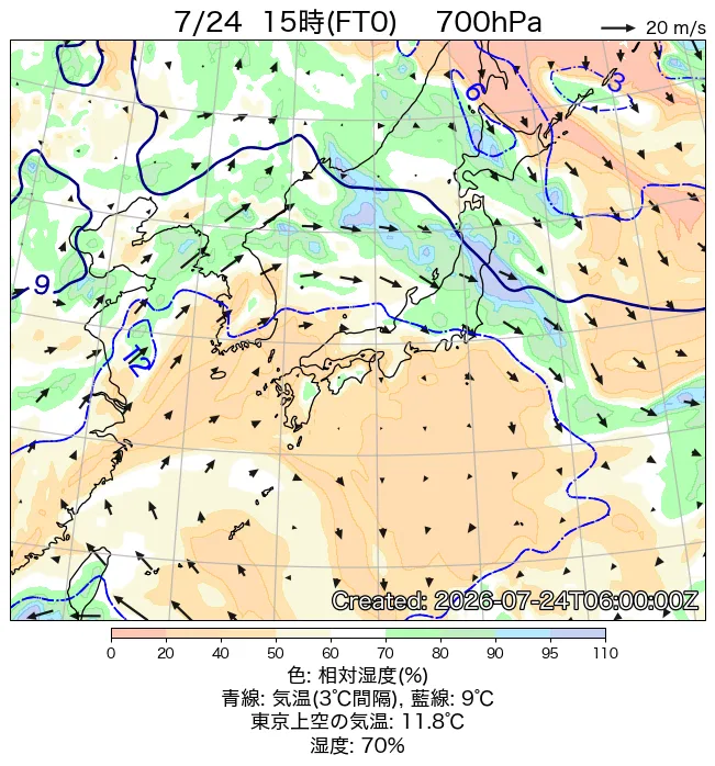 2026年7月24日の日本周辺の700hPa天気図（15時）