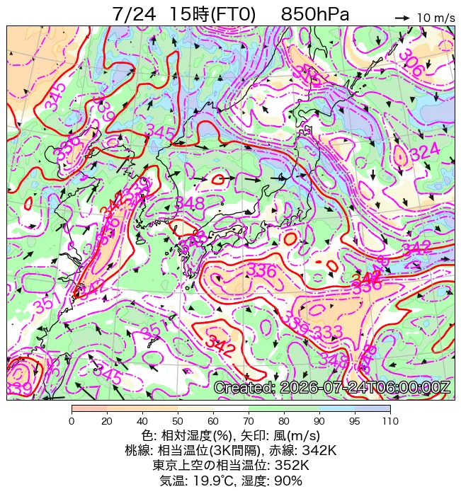 2026年7月24日の日本周辺の850hPa天気図（15時）