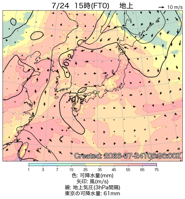 2026年7月24日の日本周辺の地上天気図（15時）