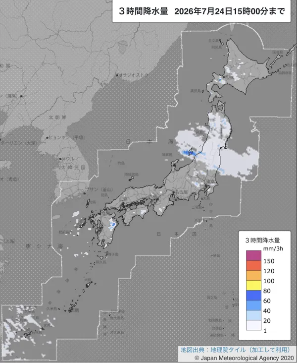 2026年7月24日12〜15時の日本周辺の3時間解析降水量