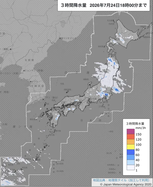 2026年7月24日15〜18時の日本周辺の3時間解析降水量